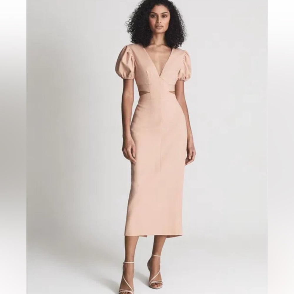 Reiss Jennah Puff Sleeve Linen Blend Dress Midi Blush 6 NEW